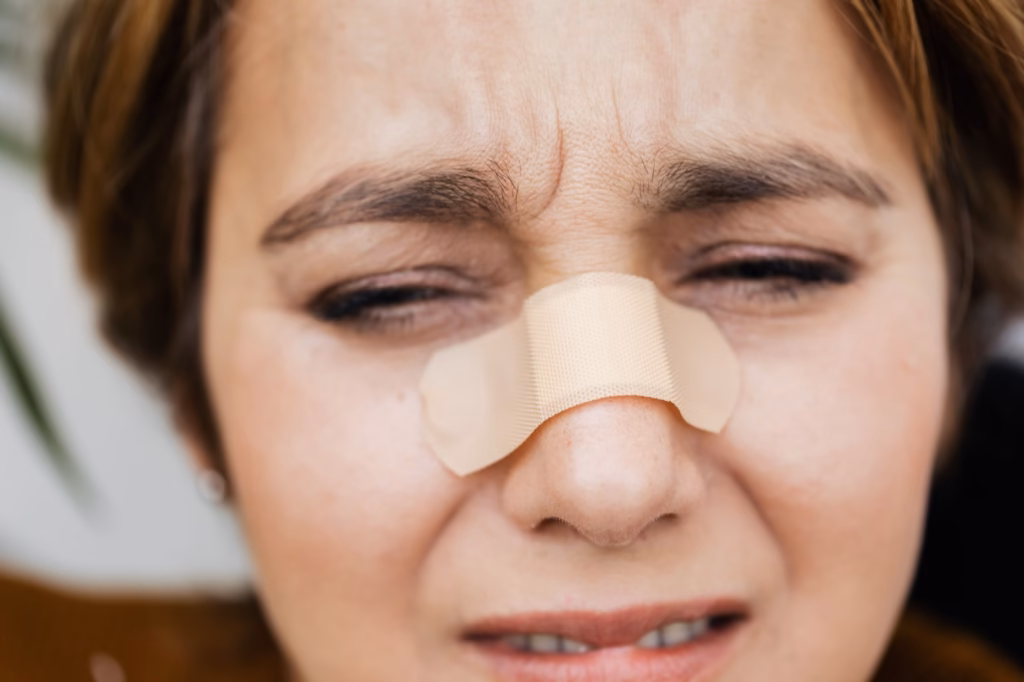 A close‑up of a person gently pressing their forehead, illustrating sinus discomfort