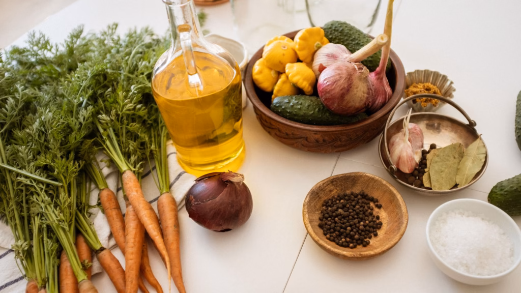 A colorful plate of fiber‑rich vegetables and fermented foods, supporting a balanced gut microbiome