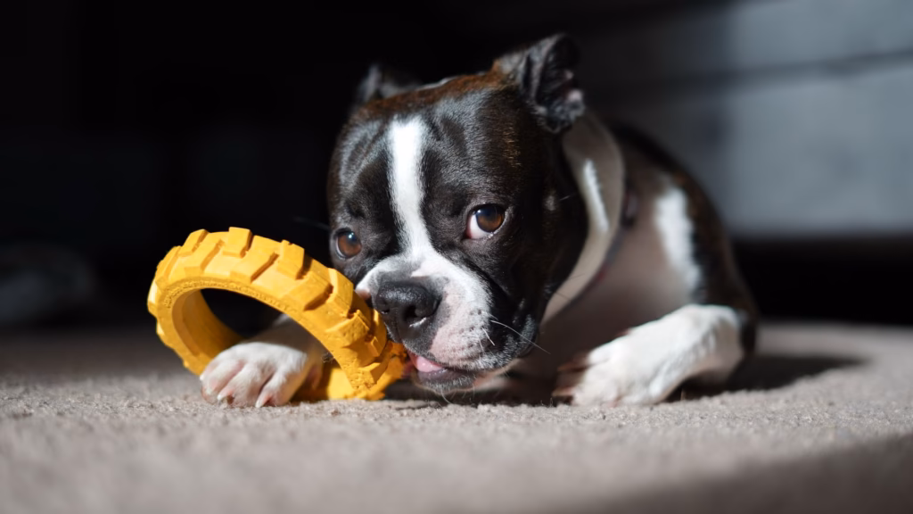 A dog chewing a dental toy that helps clean teeth naturally