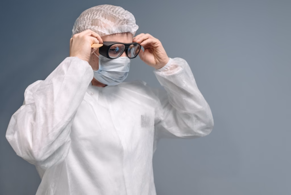 A healthcare worker in gloves, gown, and mask, demonstrating PPE use