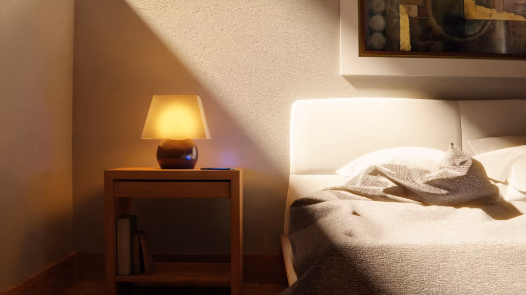 A softly lit nursery with cool, breathable bedding, creating a comfortable sleep environment