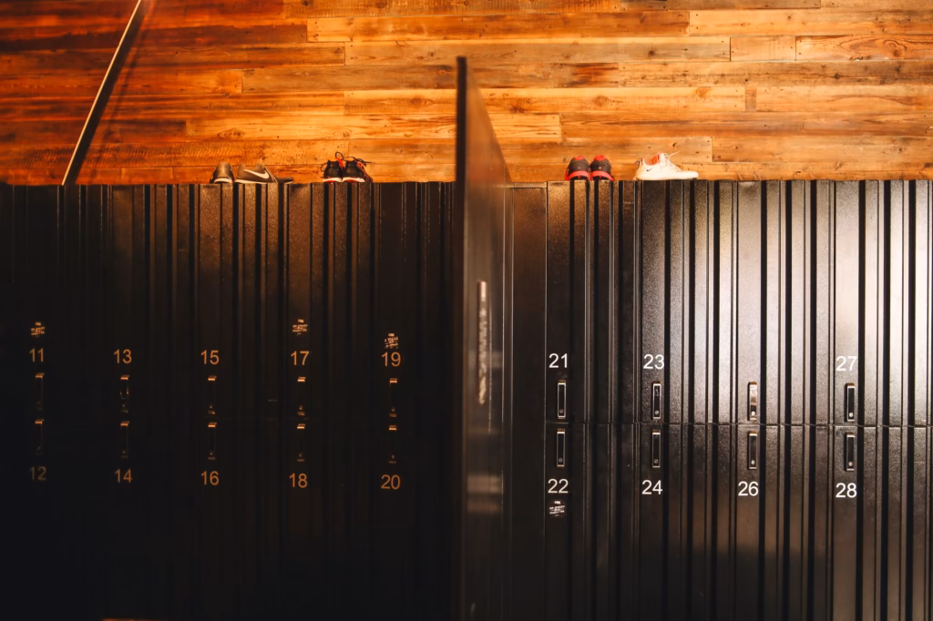 A tidy locker room emphasizes clean shared spaces for athletes to lower transmission risk