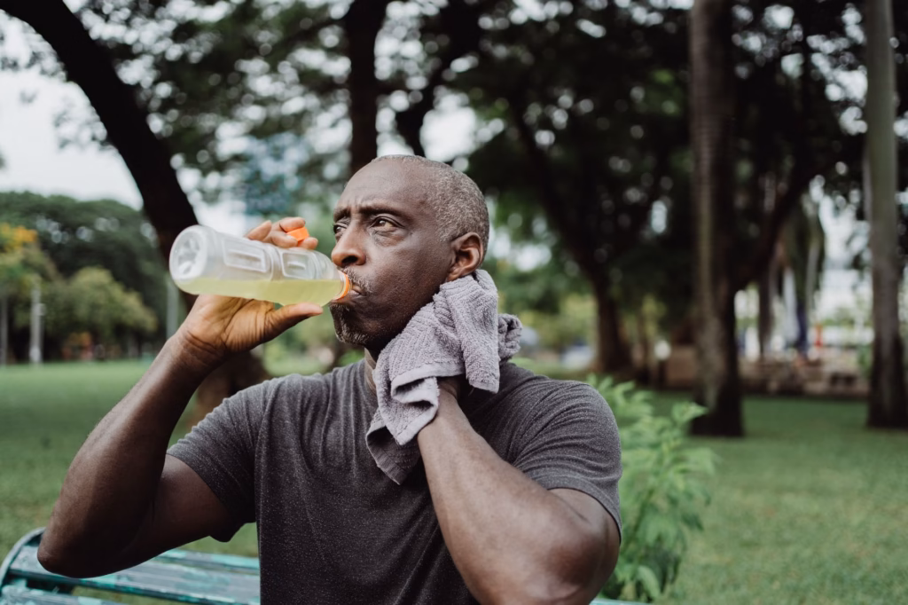 A toddler sipping oral rehydration solution to prevent dehydration