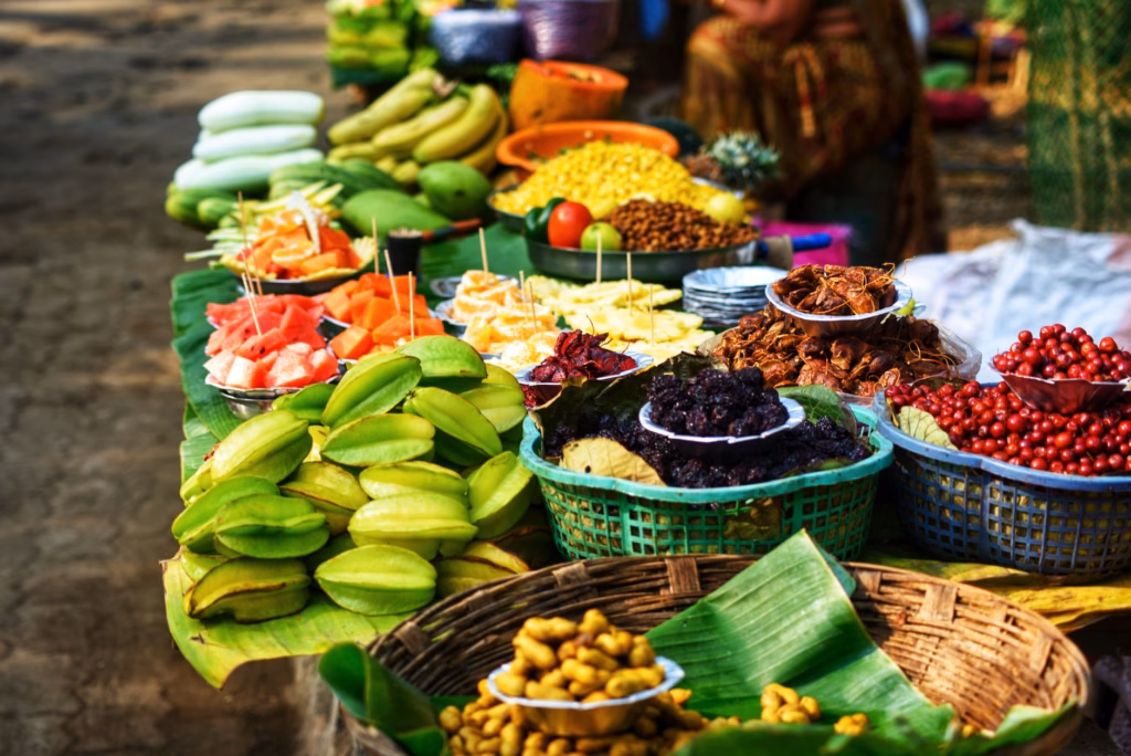 Colorful fruits and vegetables that provide vitamins supporting gum health