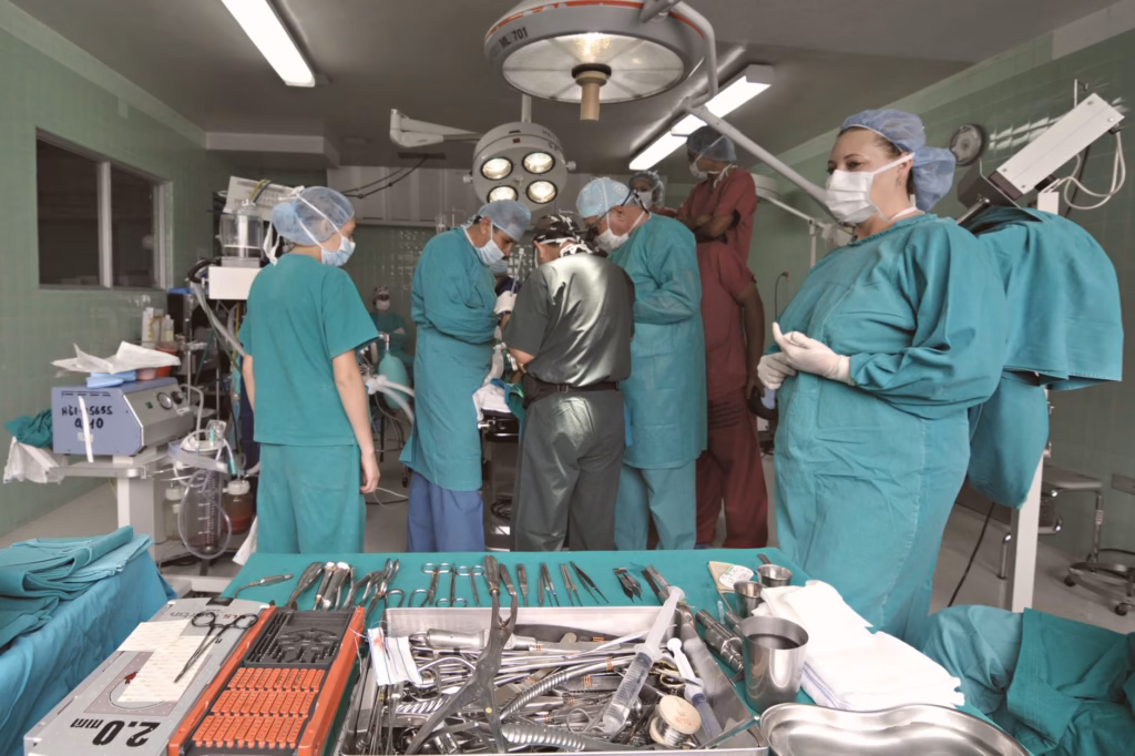 Surgical team observing strict sterile protocols in the operating room